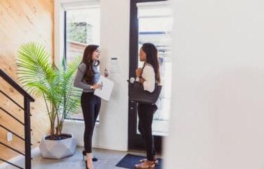 Just inside front door, realtor explains home's features